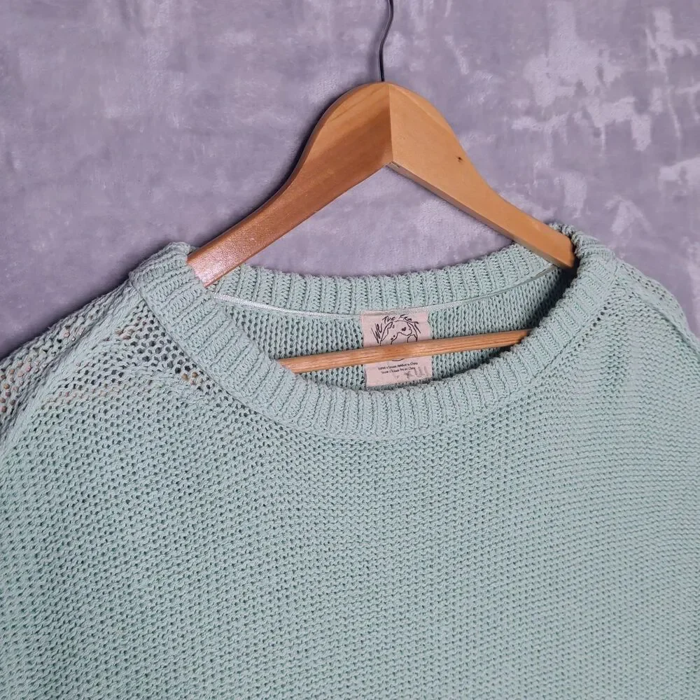 WE THE FREE Green Cropped Open Knit Sweater Size S Beachy Slouchy Preppy Boho